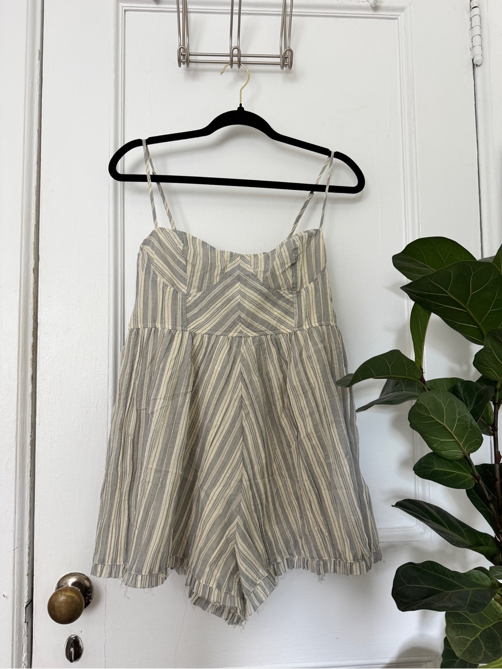 Urban Outfitters Striped Linen Blend Romper in Cream and Gray